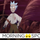 Animated Rick of Rick and Morty, wearing blood-stained traditional Japanese robes, unseathes a katana in a breeze-strewn field.